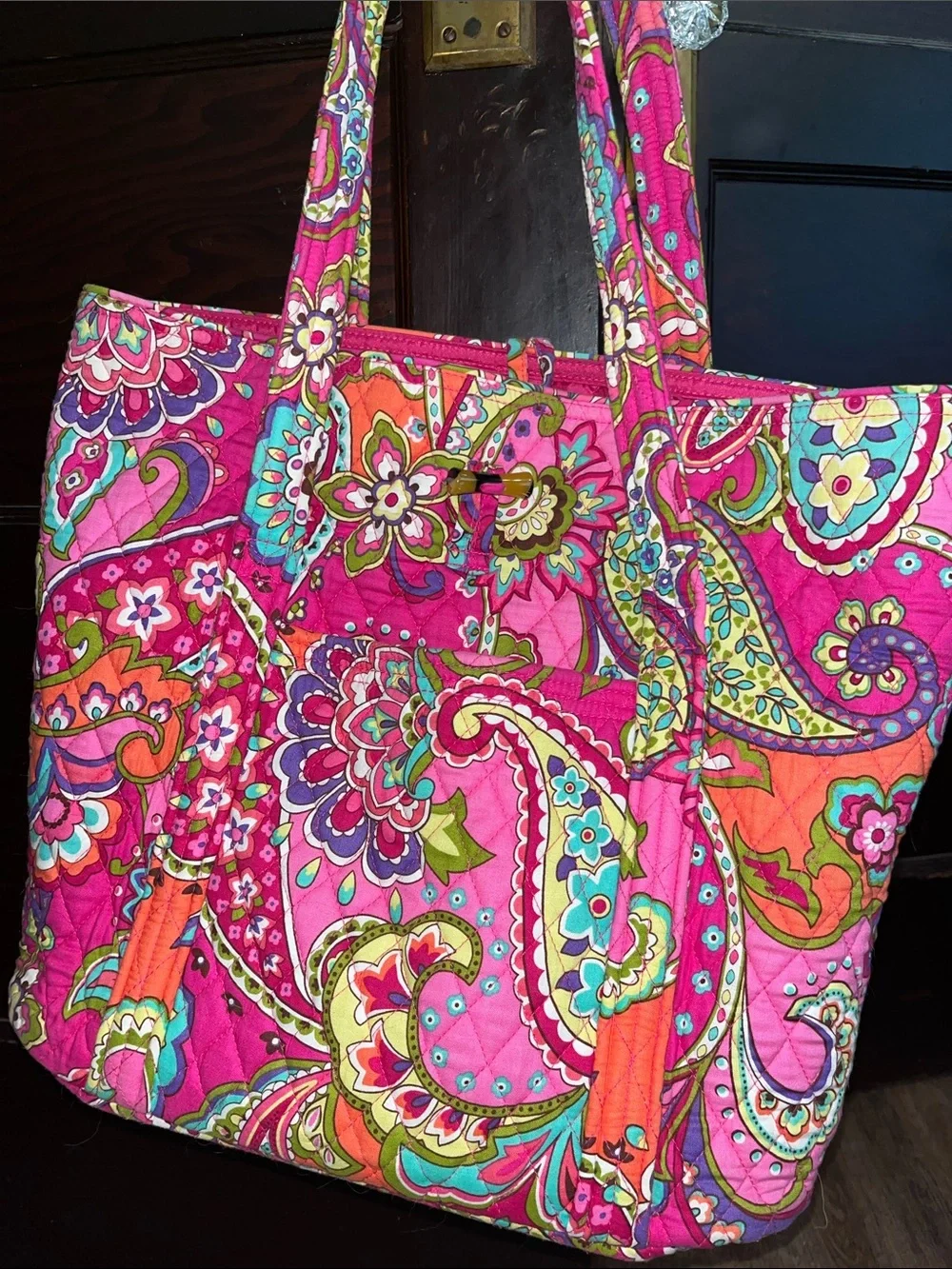 Vera Bradley Hot Pink Paisley Quilted Tote with Teal & Orange Accents - Picture 1 of 6